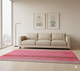 Vintage Peruvian Frazada rug No. 112 — hand-loomed in Cusco from hand-spun sheep wool featuring dense full-field diamond eye weave in vertical bands of fuchsia rose terracotta and warm grey, 63 by 52 inches, one of a kind Andean textile