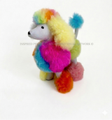 A high-end product collage of Inspired Peru's handmade rainbow alpaca plush collection, featuring a pastel poodle, multi-color lion, and teddy bear stuffed animals against a seamless light-beige studio background. Text reads: "Unique & Handmade: From the Heart of the Andes | Aesthetic Comfort in Vivid Pastels