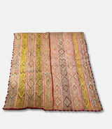 Archival Textile No. 103: A vintage hand-loomed Peruvian Frazada rug featuring sand, moss green, and camel earth tones on a gallery neutral background.