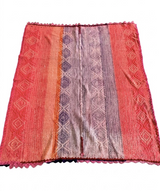 Archival Textile No. 109 large vintage Peruvian Frazada rug displayed flat showing rhythmic diamond weave in terracotta violet and coral gradient with traditional central union seam and scalloped crochet edge on gallery white background