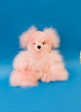 7-inch handmade pink baby teddy bear, extra-soft natural alpaca fur, ethically made in Peru, hypoallergenic nursery gift.