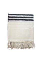 Alpaca Throw Blanket off white color with grey stripes and white fringe