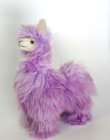 Handmade purple alpaca stuffed animal with a soft plush texture, standing upright.