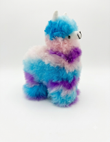Gummy Llama — 6" handmade alpaca stuffed animal, hand-dyed in blue, purple, and pink, genuine Huacaya alpaca fur, Andean Puff™ collection, handmade in Peru