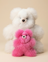 Luxury Huacaya Alpaca fur bear bundle: 12 inch white teddy bear and 7 inch fuchsia pink mini bear, handmade in Peru.