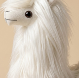 Handmade 16-inch white Suri alpaca stuffed animal with long, silky natural undyed fur, made in Peru