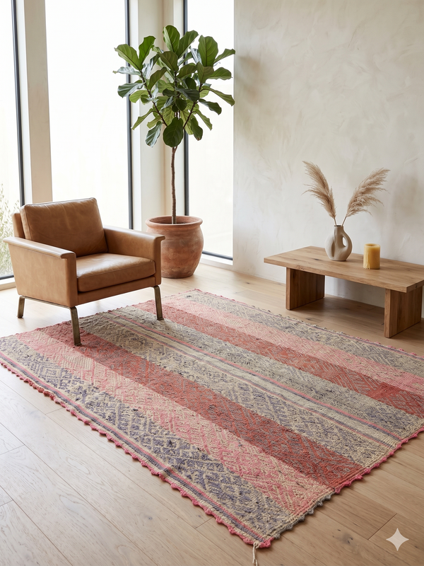 Vintage Peruvian Frazada rug No. 105 — hand-loomed in Cusco from hand-spun sheep wool featuring full-coverage diamond geometric pattern in muted terracotta dusty rose and weathered slate, 72 by 52 inches, one of a kind Andean textile