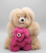 Handmade alpaca bear duo with 12 inch beige bear and mini hot pink bear on gray background.
