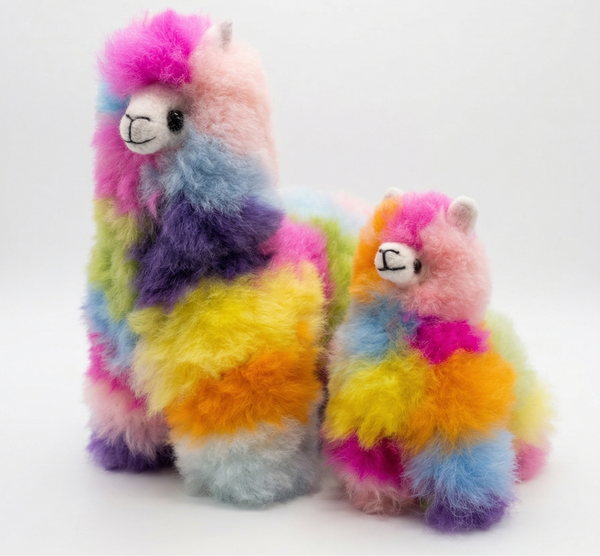 Two multicolor rainbow huacaya alpaca fur llamas: one jumbo 12 inch and one baby 7 inch llama on a white background, ethically handmade in Peru.