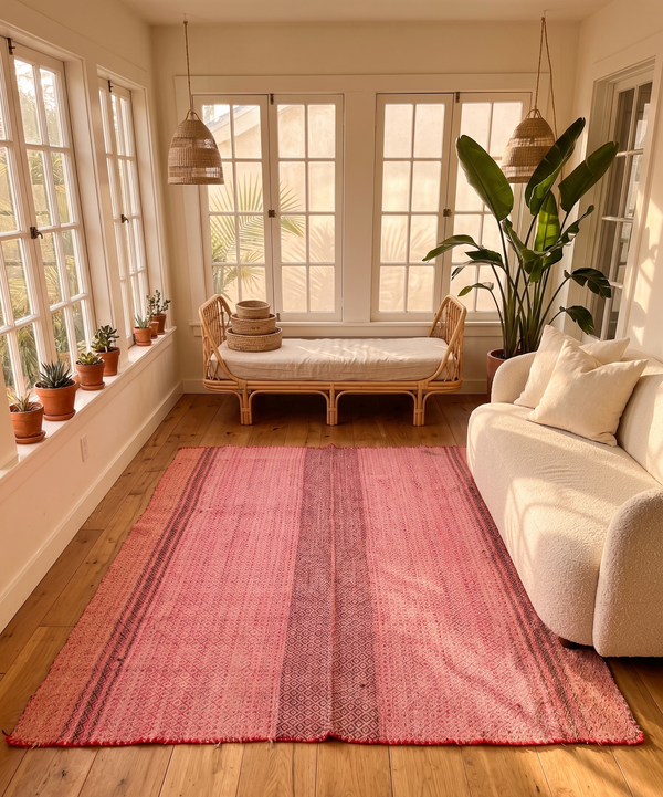Vintage Peruvian Frazada rug No. 107 — hand-loomed in Cusco from hand-spun sheep wool featuring continuous all-over diamond eye weave in soft rose and berry gradient, 75 by 63 inches, one of a kind Andean textile