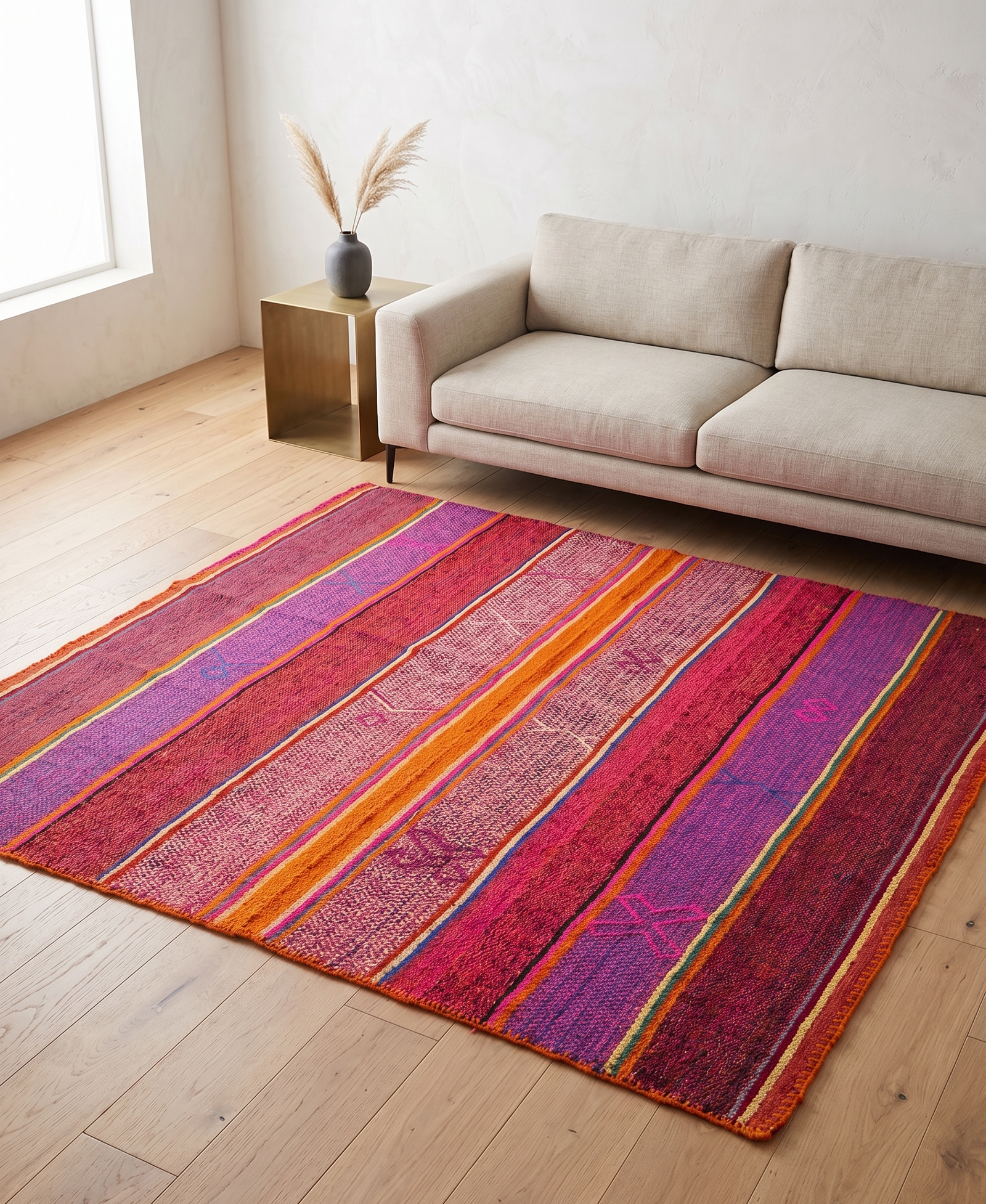 117×201 “ Vegetarian” ViNTAGE RUG Vintage Peruvian Frazada Rug — Fuchsia Orange | Inspired Peru