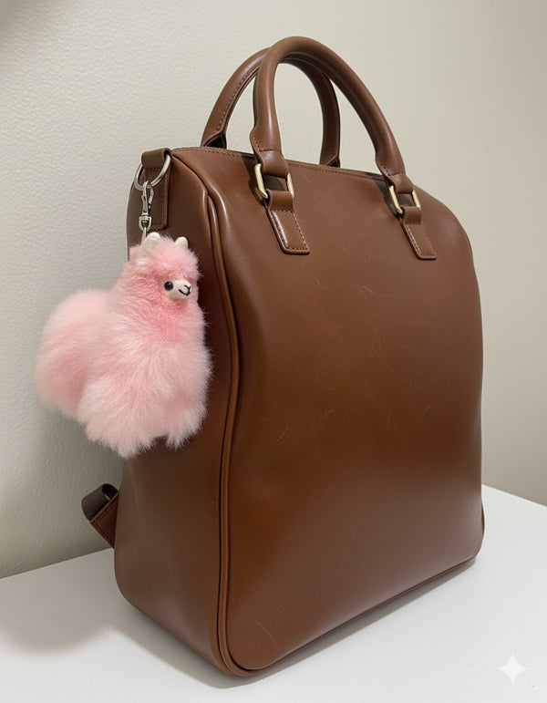 Pastel pink Lucky Llama alpaca fur bag charm and keychain, handmade in Peru