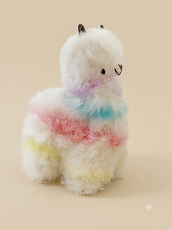 Sherbet Llama — 6" handmade alpaca stuffed animal with a white base and pastel pink, blue, purple, and yellow hand-dyed accents, Andean Puff™ collection, handmade in Peru"
