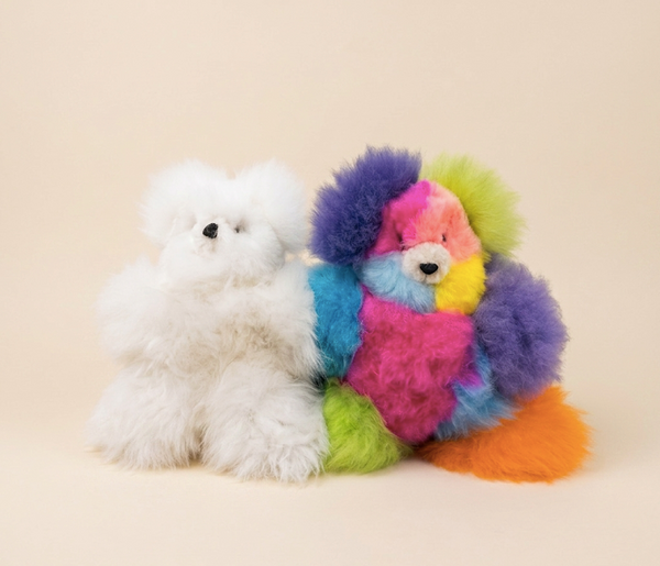 Two fluffy teddy bears sitting side by side on a plain beige studio background. The left bear is solid white, and the right bear is multicolored with sections of purple, blue, pink, yellow, green, and orange.