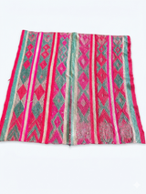 Archival Textile No. 108 vintage Peruvian Frazada rug displayed flat showing rhythmic fuchsia and turquoise stripe arrangement with traditional central union seam on gallery white background