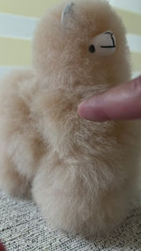 Close-up video demonstrating the ultra-soft, thick texture of a handmade beige Huacaya alpaca llama plush. Hand sinking into premium, hypoallergenic alpaca fur to show quality and density.