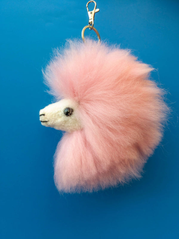 Pink fluffy alpaca fur llama keychain and bag charm, handmade in Peru
