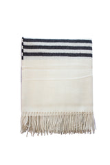 Alpaca Throw Blanket off white color with grey stripes and white fringe