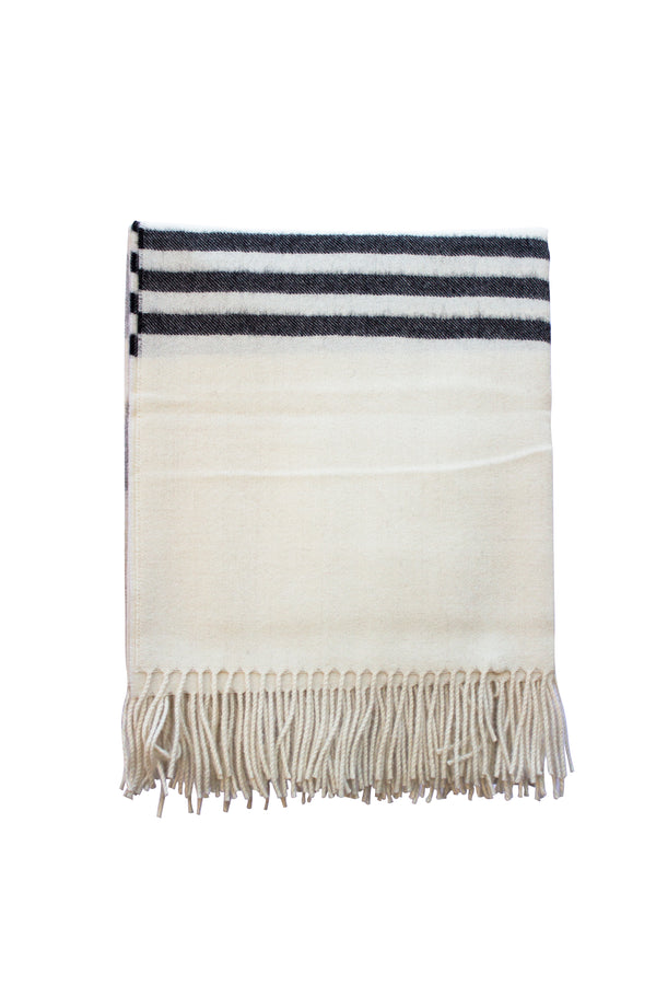 Alpaca Throw Blanket off white color with grey stripes and white fringe