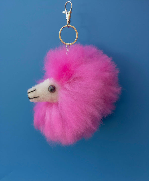Hot pink fluffy alpaca fur llama keychain and bag charm, handmade in Peru