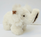 Handmade white alpaca plush elephant with a soft texture, standing approximately 12 inches tall.