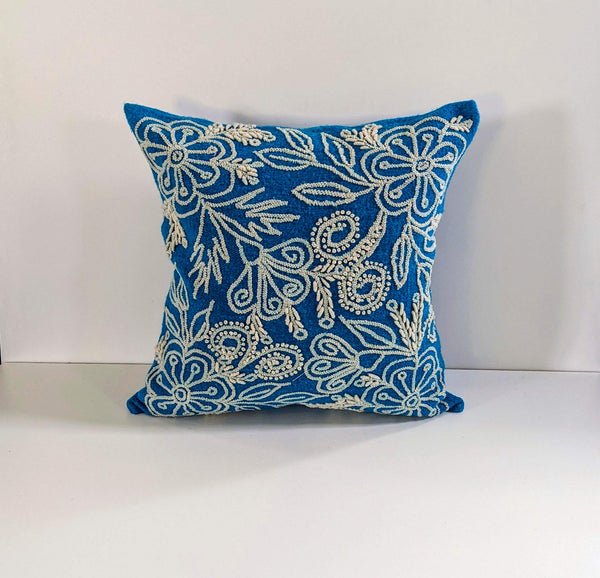 Blue Wool Pillow with White Embroidery