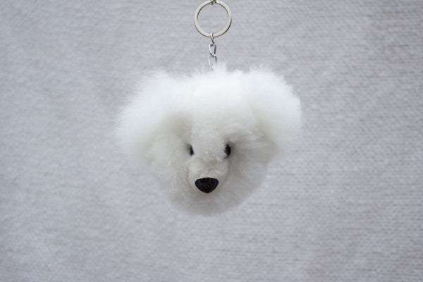 White bear alpaca fur keychain with glass eyes and lobster clasp, handmade in Peru